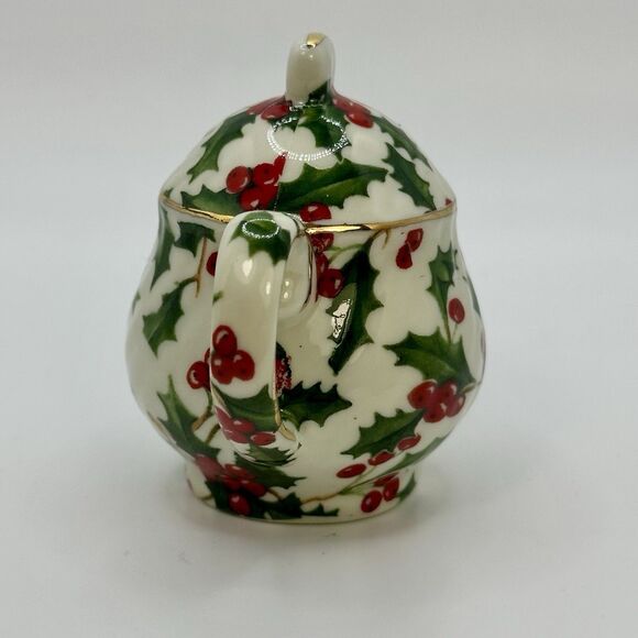 Vintage Miniature Teapot Christmas Decor Ornament Holly Pattern Gold Accents - Picture 4 of 9